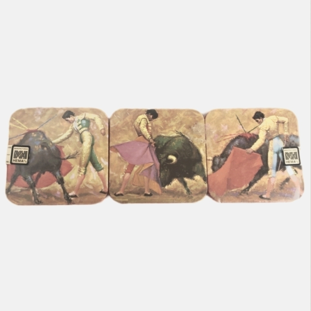 New-Vintage HEMA 6 Bullfighting Matador Drink Coasters.Made in Spain